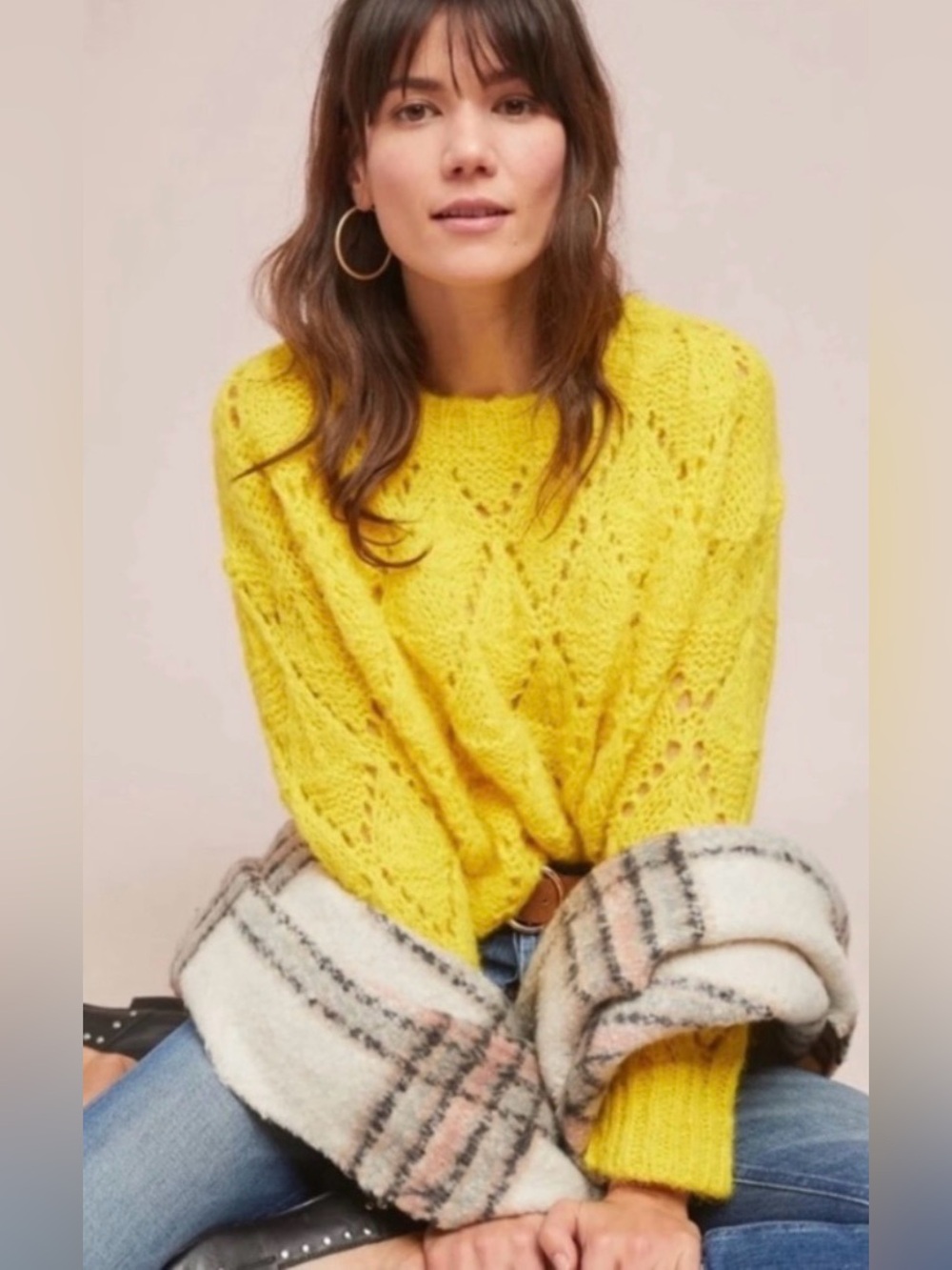 Anthropologie Sleeping on Snow Yellow Alpaca Blend Diamond Open Knit Sweater S